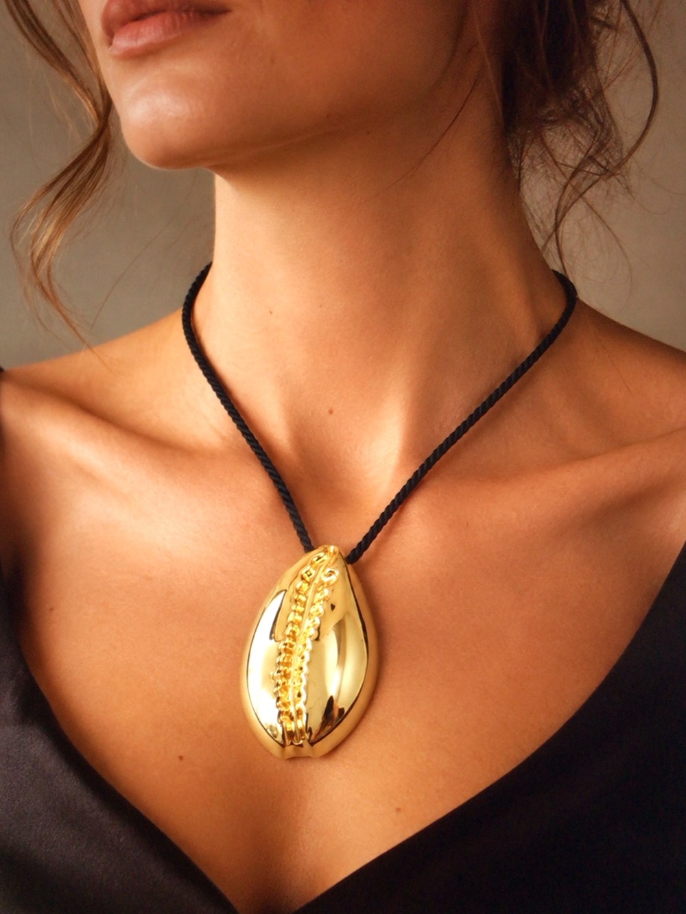 Celine Gold Teardrop Pendant Necklace with Black Cord